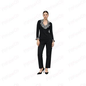 WHBM Black Silk Blend Knit Sweater Top Ruffle Abstract Print Collar Long Sleeve